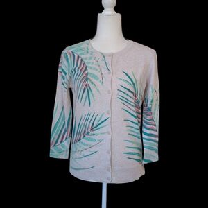 Merona Tropical Palm Leaf Print Heathered Button Up Cardigan Sweater MEDIUM Tan